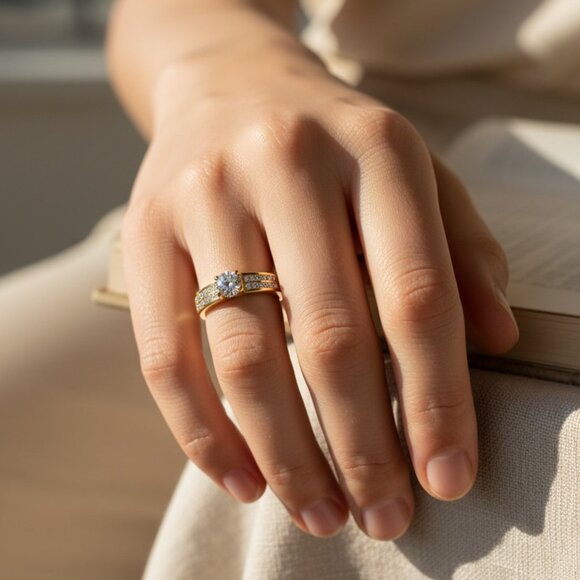 3/$35 18K Gold Plated Band Ring Round Cut Cubic Zirconia CZ Stainless Steel Gift - Picture 7 of 7